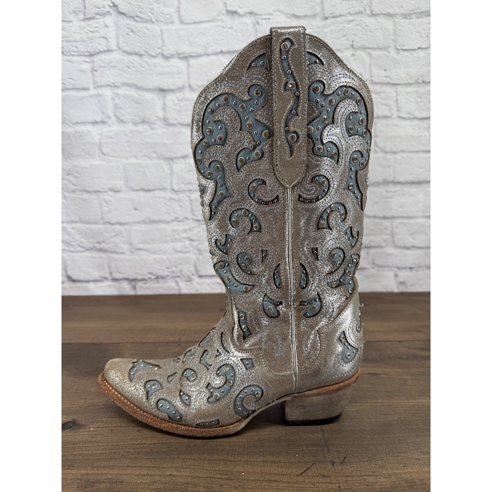 J.B. Dillon Bellflower Women's 8B Silver Leather Western Boots Blue Rhinestone - Picture 10 of 15